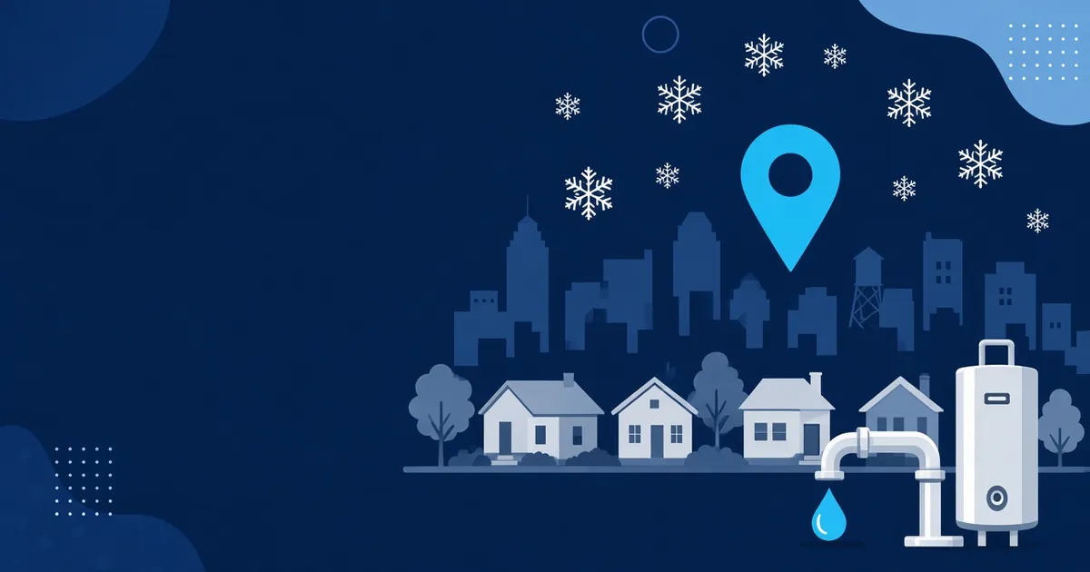 Illustration of a generic city skyline with older houses, falling snowflakes, a location pin, a water tap and a water heater